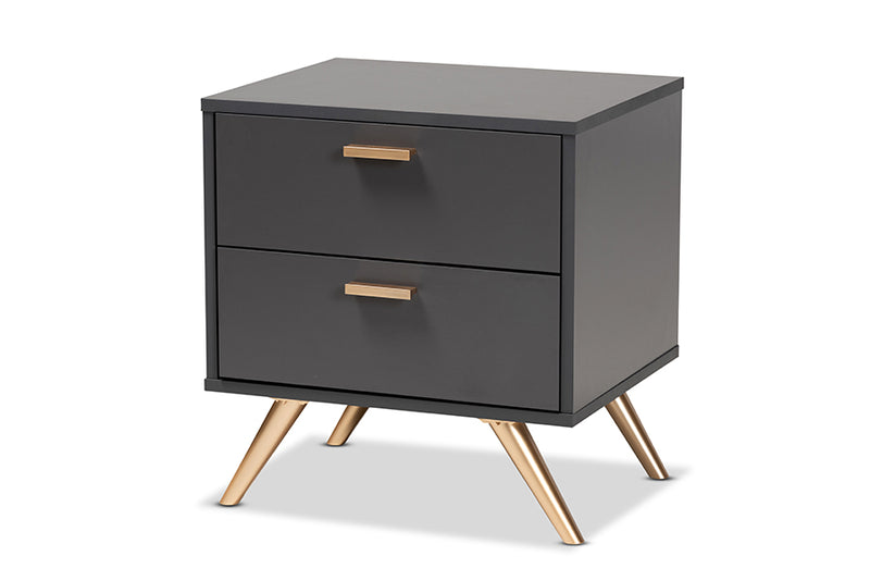 Yori Modern and Contemporary Dark Gray and Gold Finished Wood 2-Drawer Nightstand