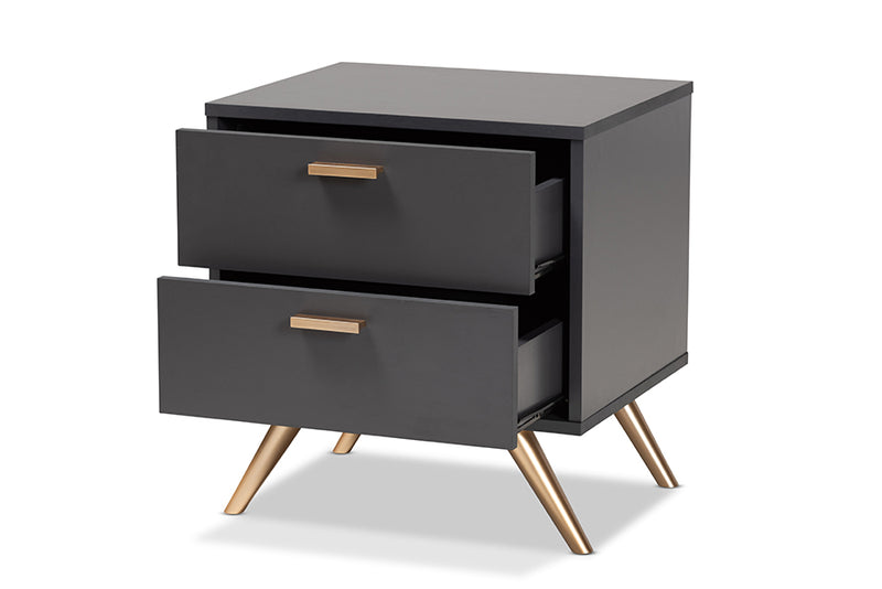 Yori Modern and Contemporary Dark Gray and Gold Finished Wood 2-Drawer Nightstand