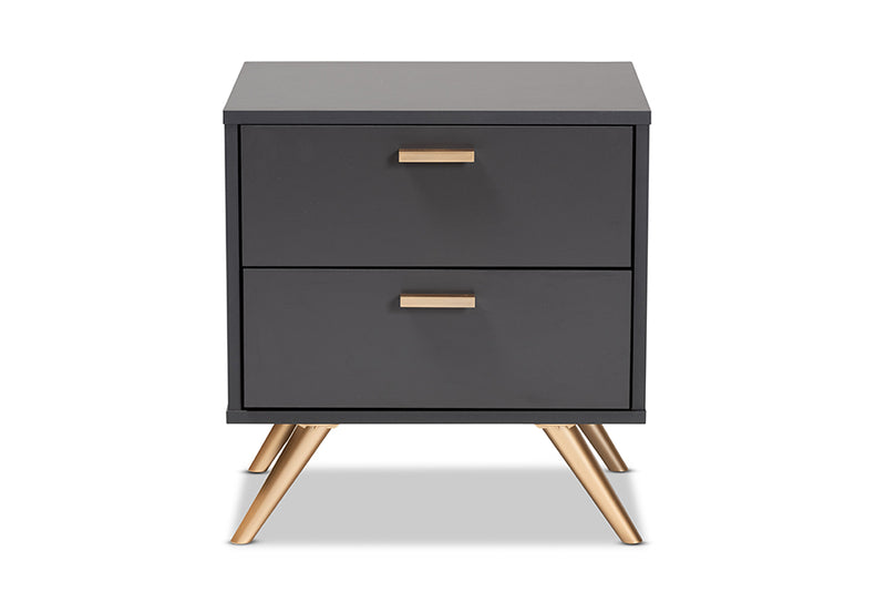 Yori Modern and Contemporary Dark Gray and Gold Finished Wood 2-Drawer Nightstand