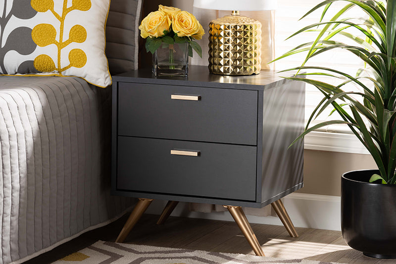 Yori Modern and Contemporary Dark Gray and Gold Finished Wood 2-Drawer Nightstand