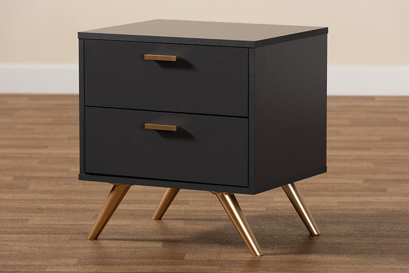 Yori Modern and Contemporary Dark Gray and Gold Finished Wood 2-Drawer Nightstand