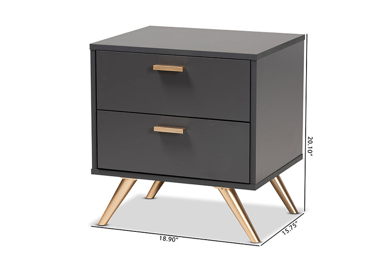 Yori Modern and Contemporary Dark Gray and Gold Finished Wood 2-Drawer Nightstand