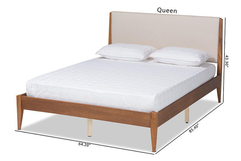 Salida Mid-Century Modern Beige Fabric Upholstered and Walnut Brown Finished Wood Full Size Platform Bed