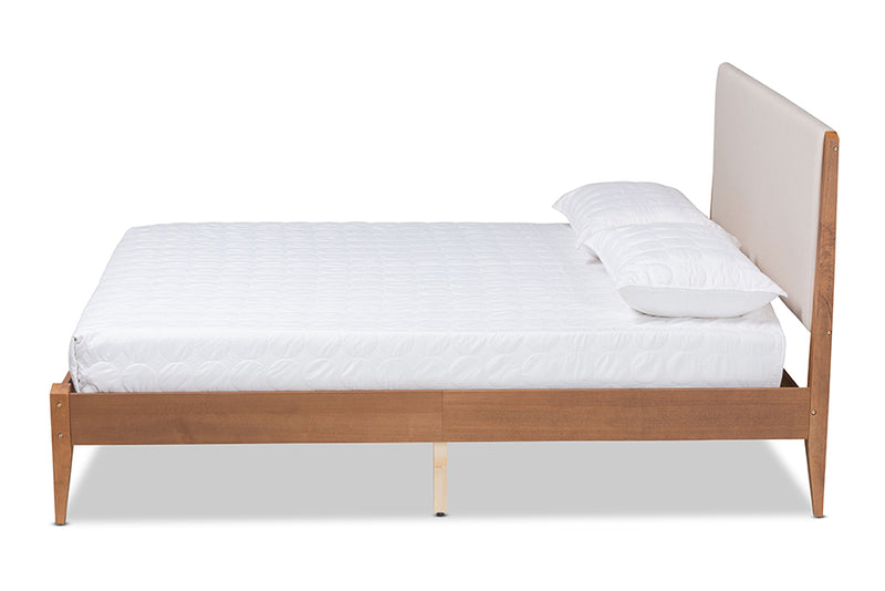 Salida Mid-Century Modern Beige Fabric Upholstered and Walnut Brown Finished Wood Full Size Platform Bed