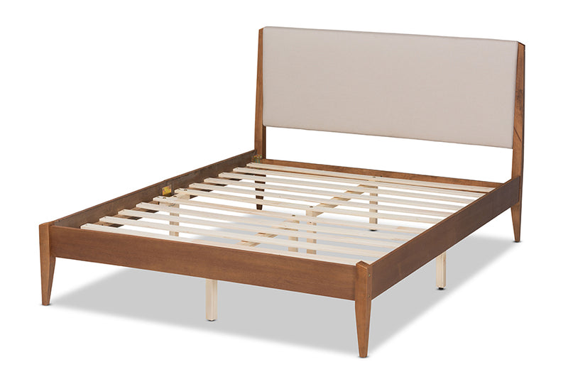 Salida Mid-Century Modern Beige Fabric Upholstered and Walnut Brown Finished Wood King Size Platform Bed