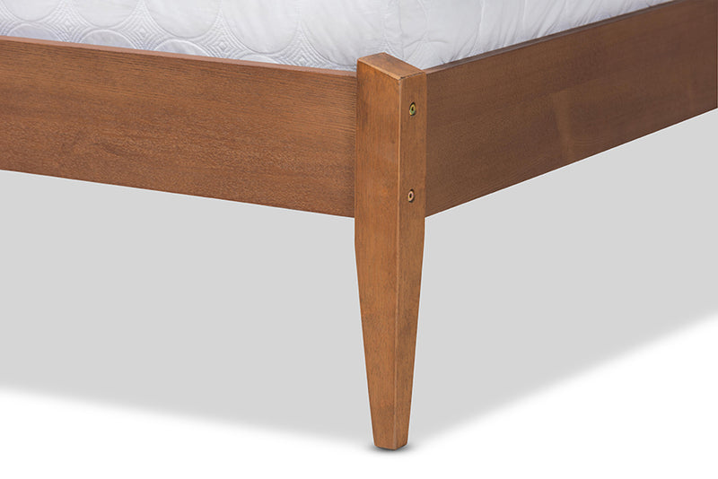 Salida Mid-Century Modern Beige Fabric Upholstered and Walnut Brown Finished Wood King Size Platform Bed