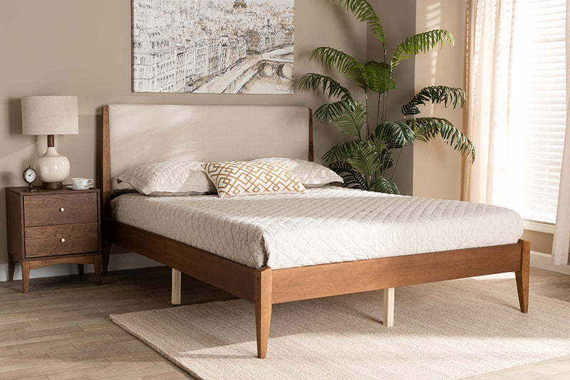 Salida Mid-Century Modern Beige Fabric Upholstered and Walnut Brown Finished Wood King Size Platform Bed