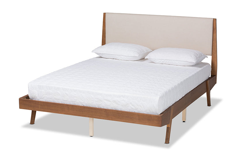 Bauer Beige Fabric Walnut Brown King Size Platform Bed Baxton