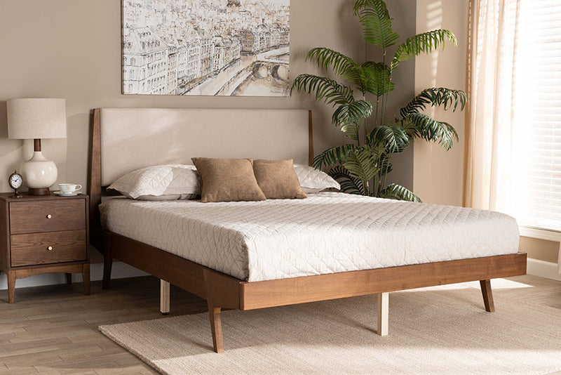 Bauer Beige Fabric Walnut Brown King Size Platform Bed Baxton