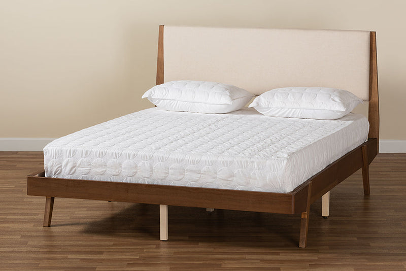 Bauer Beige Fabric Walnut Brown King Size Platform Bed Baxton