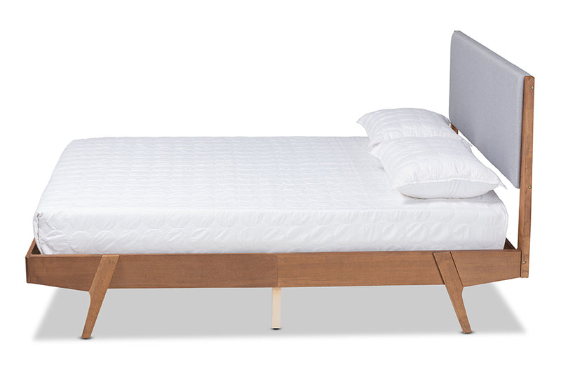 Bauer Mid-Century Modern Gray Fabric Upholstered and Walnut Brown Finished Wood King Size Platform Bed