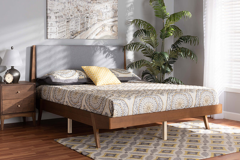 Bauer Mid-Century Modern Gray Fabric Upholstered and Walnut Brown Finished Wood King Size Platform Bed