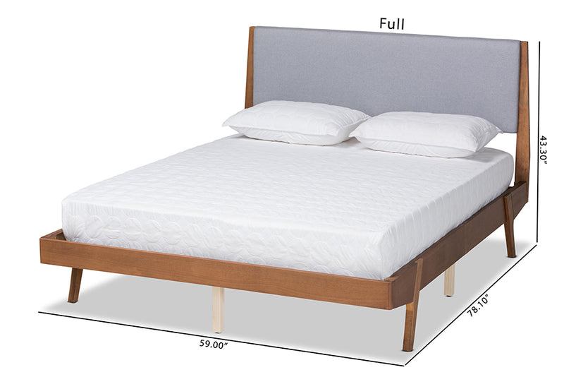 Bauer Mid-Century Modern Gray Fabric Upholstered and Walnut Brown Finished Wood King Size Platform Bed