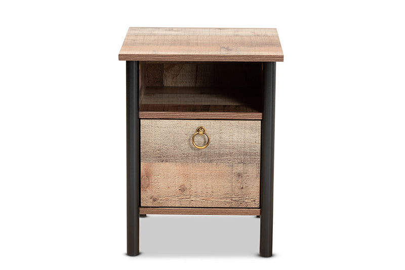 Lucina Two-Tone Rustic Oak Brown and Black Nightstand Baxton