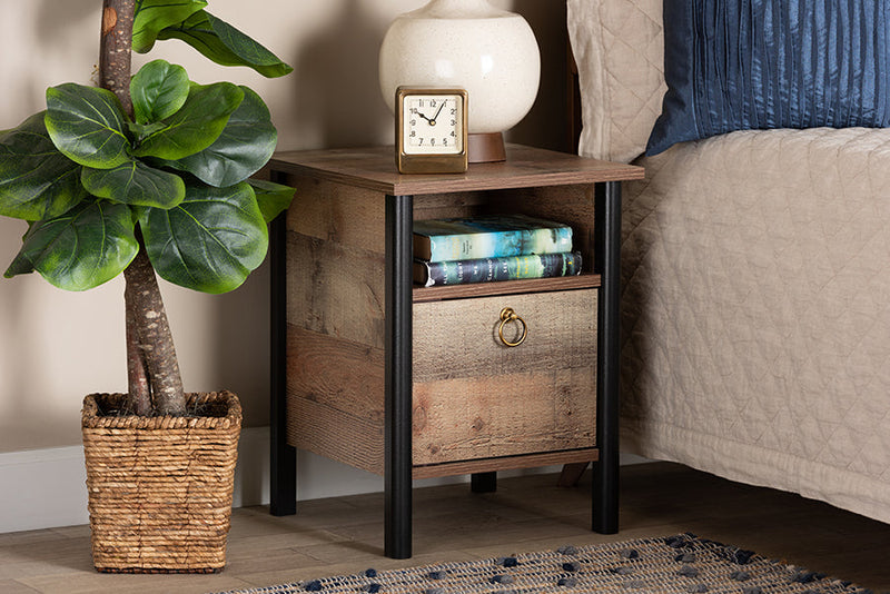 Lucina Two-Tone Rustic Oak Brown and Black Nightstand Baxton