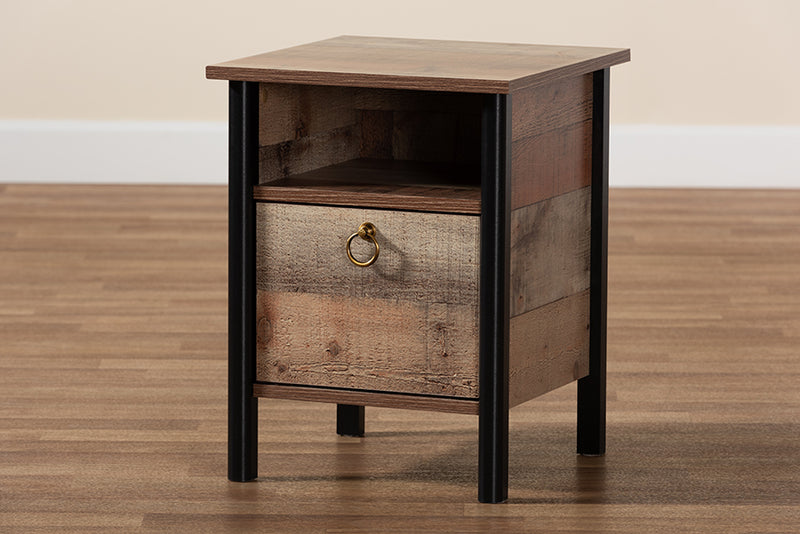 Lucina Modern and Contemporary Two-Tone Rustic Oak Brown and Black Finished Wood Nightstand