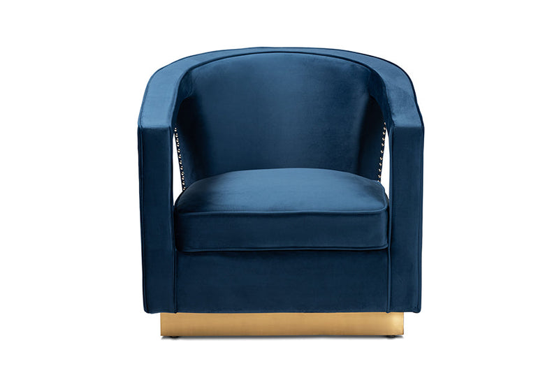 Leda Navy Blue Velvet Fabric Upholstered and Gold Finished Metal Armchair Baxton