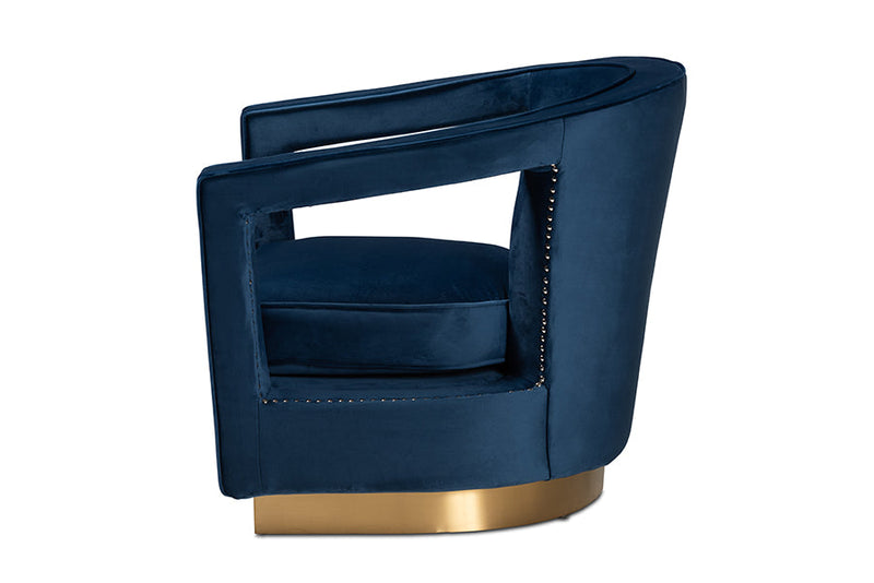 Leda Navy Blue Velvet Fabric Upholstered and Gold Finished Metal Armchair Baxton