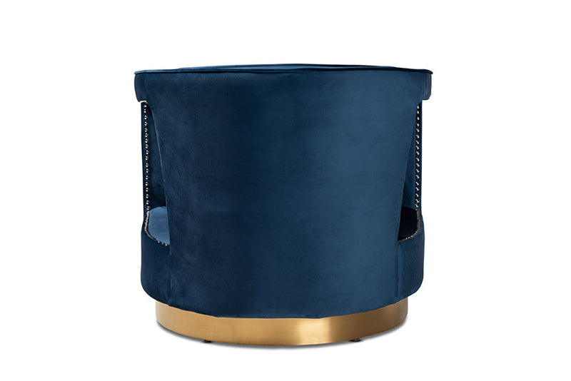 Leda Navy Blue Velvet Fabric Upholstered and Gold Finished Metal Armchair Baxton