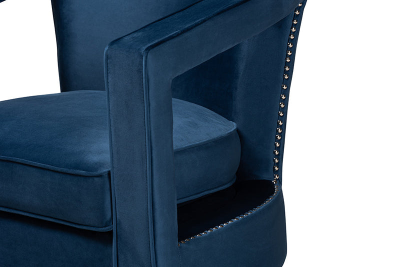 Leda Navy Blue Velvet Fabric Upholstered and Gold Finished Metal Armchair Baxton