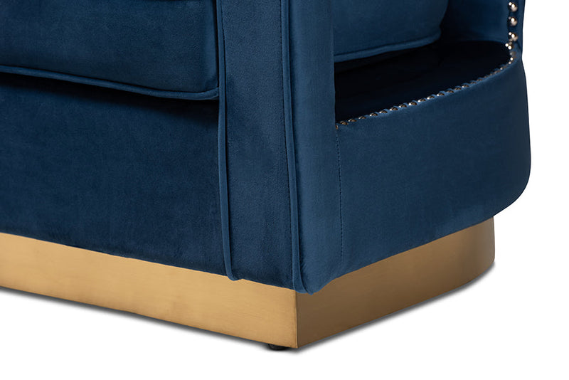 Leda Navy Blue Velvet Fabric Upholstered and Gold Finished Metal Armchair Baxton