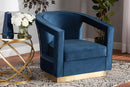 Leda Navy Blue Velvet Fabric Upholstered and Gold Finished Metal Armchair Baxton