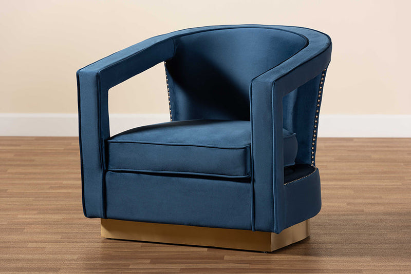 Leda Navy Blue Velvet Fabric Upholstered and Gold Finished Metal Armchair Baxton