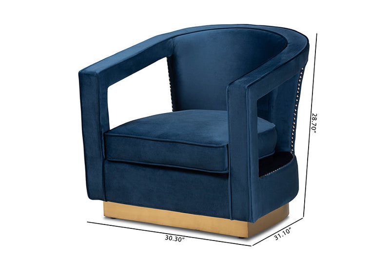 Leda Navy Blue Velvet Fabric Upholstered and Gold Finished Metal Armchair Baxton