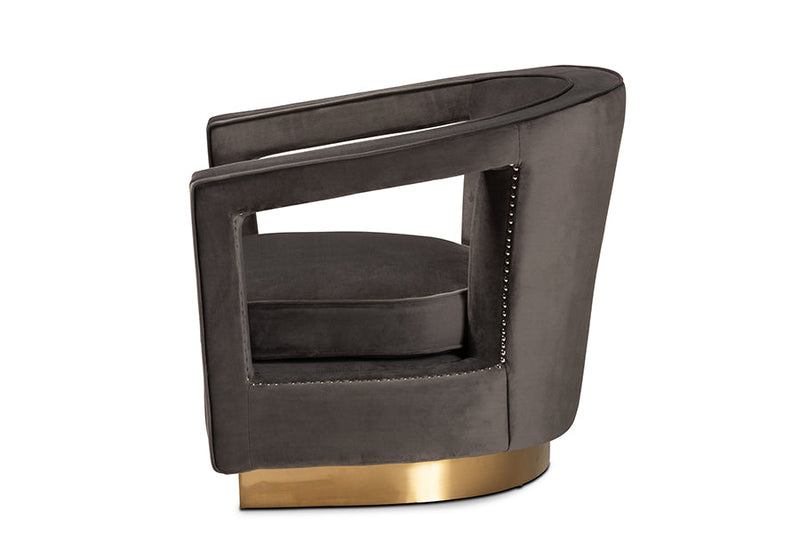 Leda Gray Velvet Fabric Upholstered and Gold Finished Metal Armchair Baxton