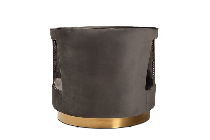 Leda Gray Velvet Fabric Upholstered and Gold Finished Metal Armchair Baxton