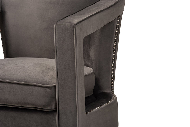 Leda Gray Velvet Fabric Upholstered and Gold Finished Metal Armchair Baxton