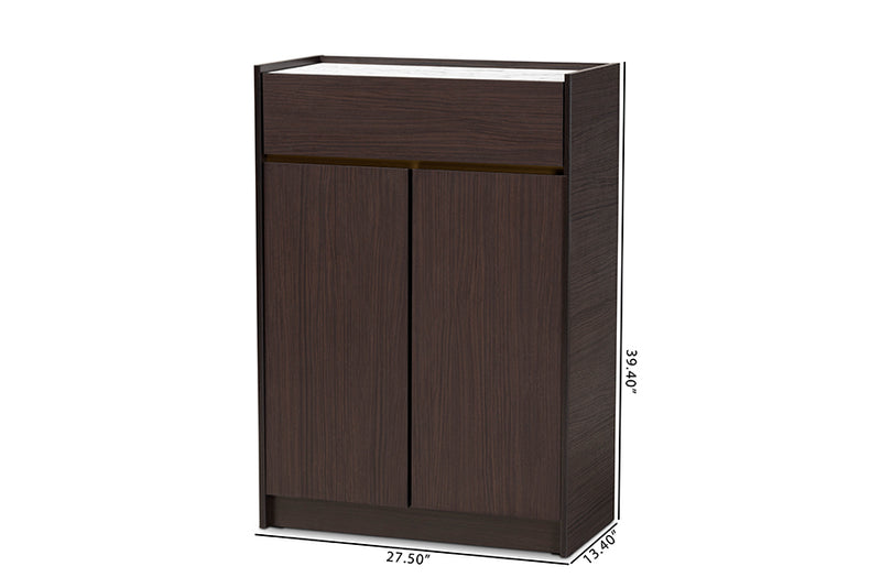 Paras Modern and Contemporary Dark Brown and Gold Finished Wood Shoe Cabinet w/Faux Marble Top