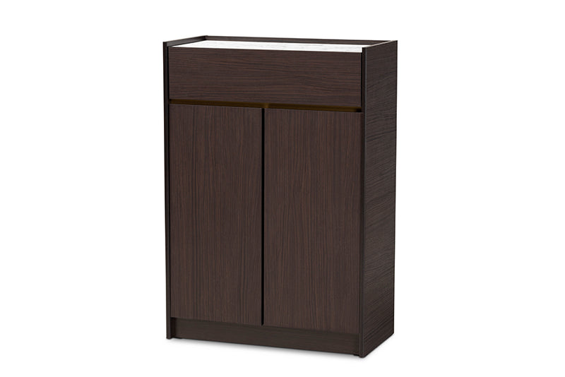 Paras Modern and Contemporary Dark Brown and Gold Finished Wood Shoe Cabinet w/Faux Marble Top