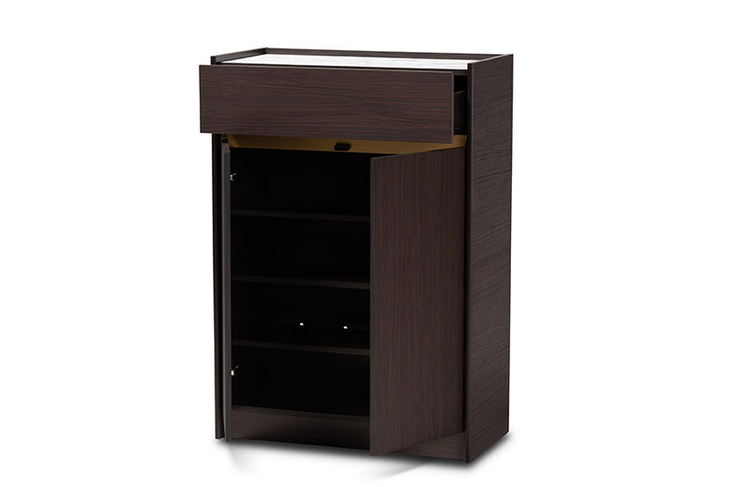 Paras Modern and Contemporary Dark Brown and Gold Finished Wood Shoe Cabinet w/Faux Marble Top