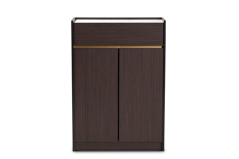 Paras Modern and Contemporary Dark Brown and Gold Finished Wood Shoe Cabinet w/Faux Marble Top