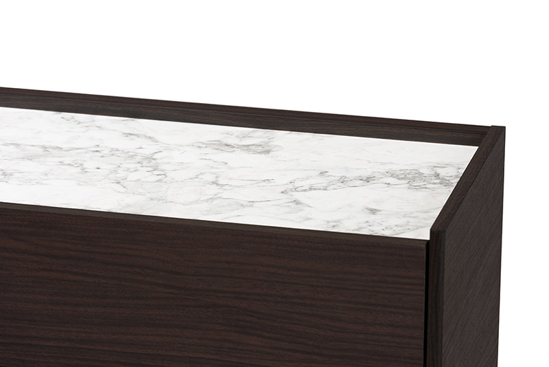 Paras Modern and Contemporary Dark Brown and Gold Finished Wood Shoe Cabinet w/Faux Marble Top