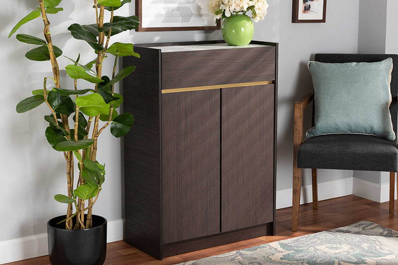 Paras Modern and Contemporary Dark Brown and Gold Finished Wood Shoe Cabinet w/Faux Marble Top