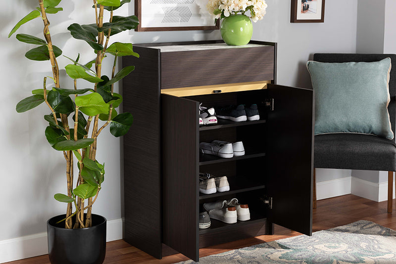 Paras Modern and Contemporary Dark Brown and Gold Finished Wood Shoe Cabinet w/Faux Marble Top