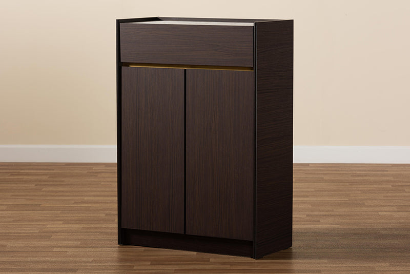 Paras Modern and Contemporary Dark Brown and Gold Finished Wood Shoe Cabinet w/Faux Marble Top