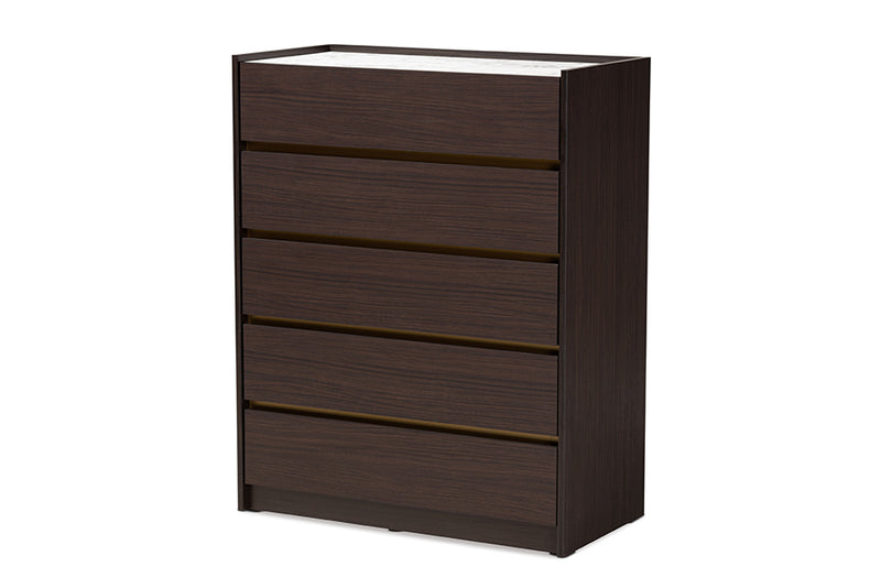 Paras Modern and Contemporary Dark Brown and Gold Finished Wood 5-Drawer Chest w/Faux Marble Top