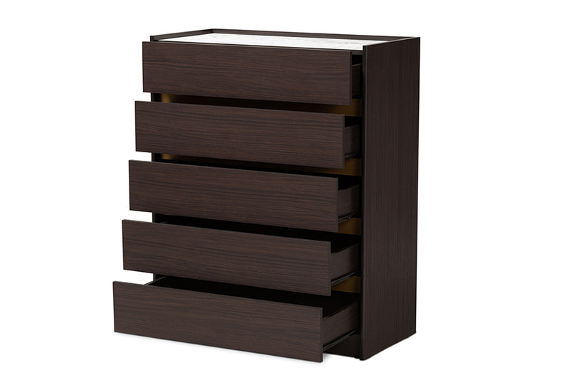 Paras Modern and Contemporary Dark Brown and Gold Finished Wood 5-Drawer Chest w/Faux Marble Top