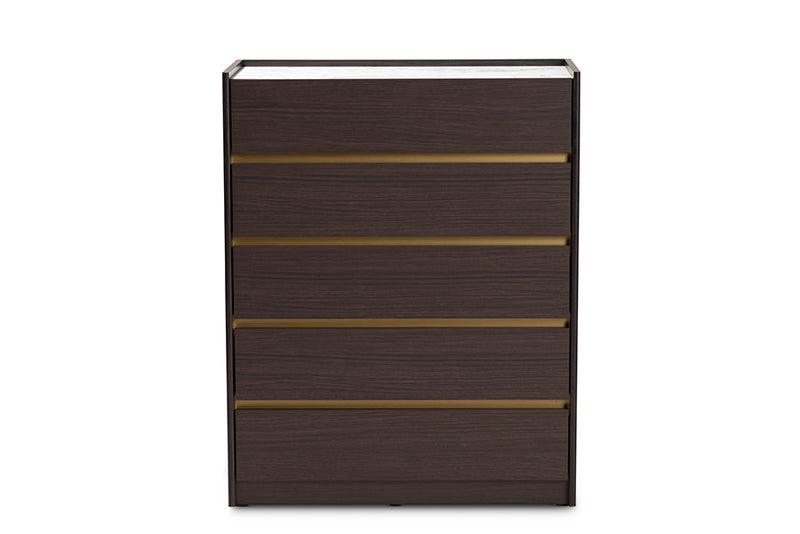 Paras Dark Brown and Gold 5-Drawer Chest w/Faux Marble Top Baxton
