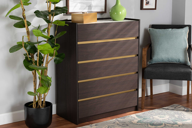 Paras Modern and Contemporary Dark Brown and Gold Finished Wood 5-Drawer Chest w/Faux Marble Top