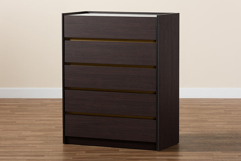 Paras Modern and Contemporary Dark Brown and Gold Finished Wood 5-Drawer Chest w/Faux Marble Top