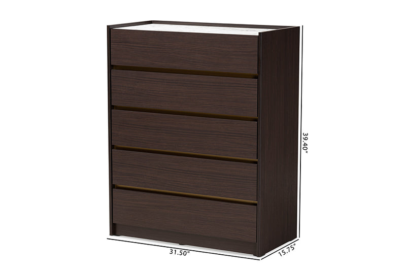 Paras Modern and Contemporary Dark Brown and Gold Finished Wood 5-Drawer Chest w/Faux Marble Top