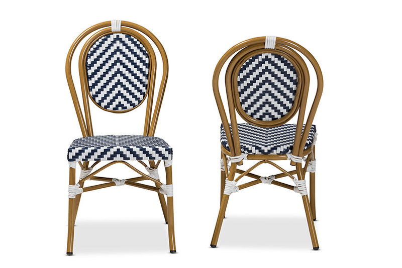 Blue and White Bamboo Style Stackable 2Pc Bistro Dining Chair Set Baxton