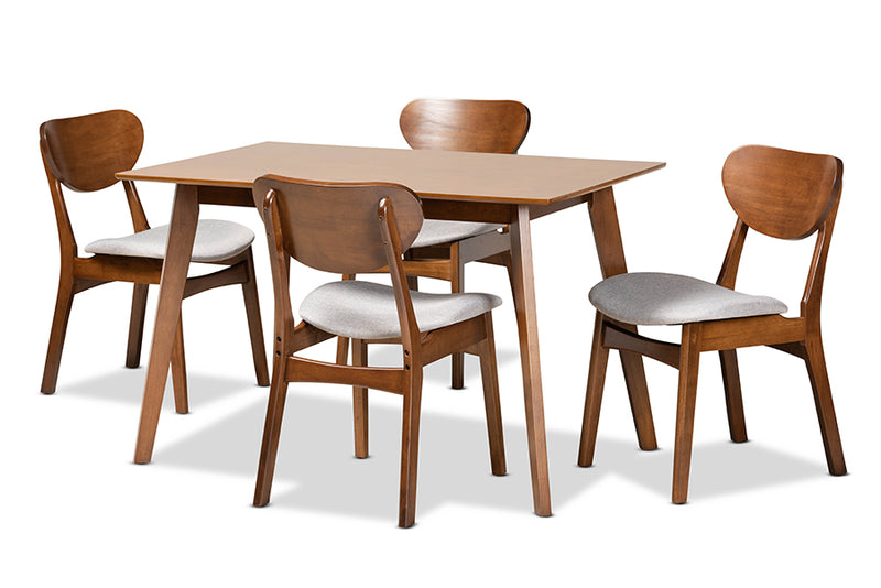 Floriane Mid-Century Modern Gray Fabric Upholstered and Walnut Brown Finished Wood 5-Piece Dining Set