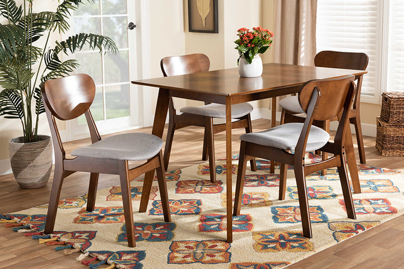Floriane Mid-Century Modern Gray Fabric Upholstered and Walnut Brown Finished Wood 5-Piece Dining Set