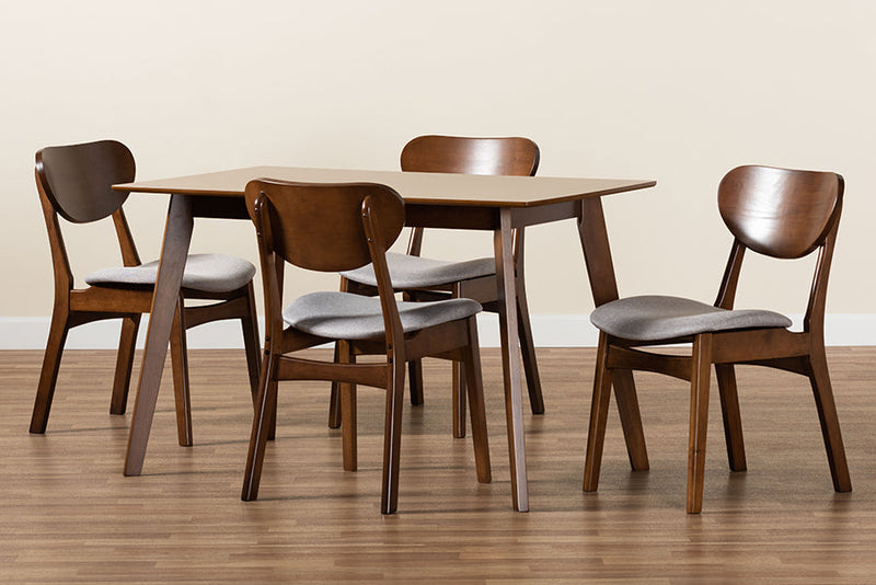 Floriane Gray Fabric Upholstered and Walnut Brown 5-Piece Dining Set Baxton