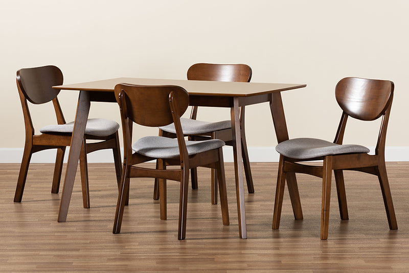 Floriane Mid-Century Modern Gray Fabric Upholstered and Walnut Brown Finished Wood 5-Piece Dining Set